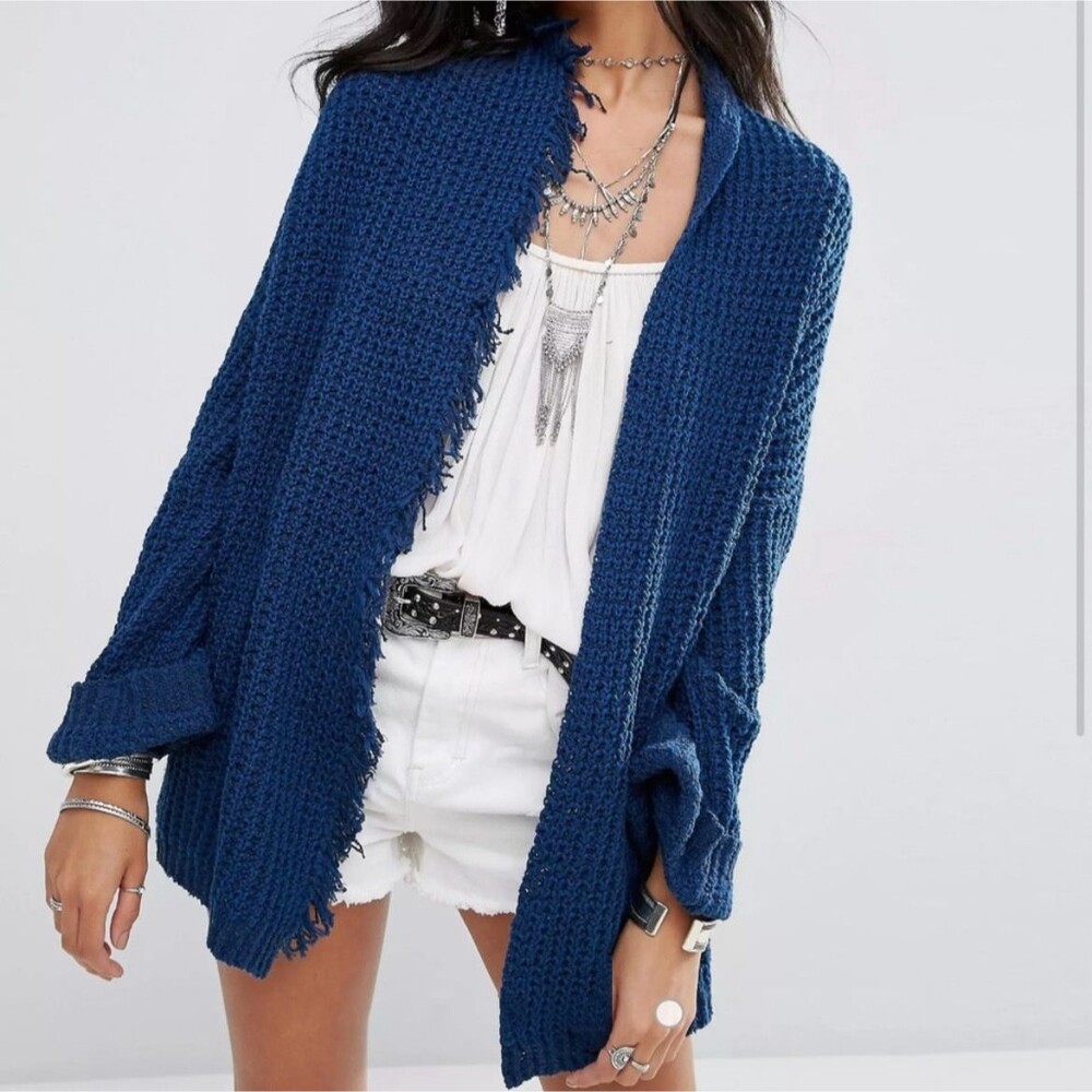 Free People I'll Be Around Silk Blend Cardigan Open Knit Sweater Fringe Blue L